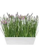 Hochwertiges Kunstgras auf transparentem Hintergrund mit echt wirkenden Kunstblättern in natürlicher Anordnung. Künstliches Wiesenblumensortiment - Kunzang hat die Farbe Pink und ist 41 cm hoch. | aplanta Kunstpflanzen