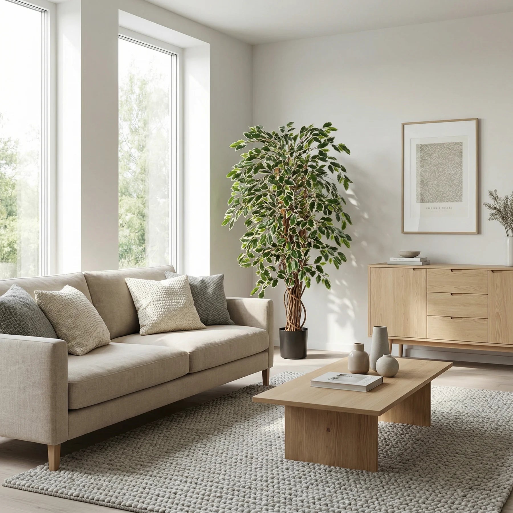 Künstlicher Ficus - Ravian, 120 cm, Kunstbaum von aplanta, mit Echtholzstamm, inkl. Startertopf, in Natur, für drinnen
