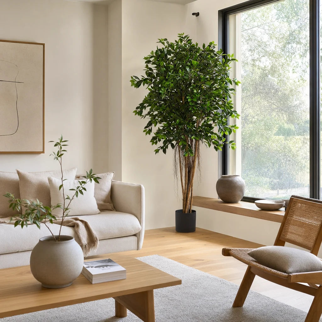 Künstlicher Ficus Retusa - Caelior, 180 cm, Kunstbaum von aplanta, mit Echtholzstamm, inkl. Startertopf, in Grün, für drinnen