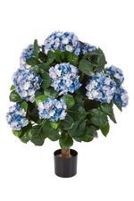 Hochwertige Hortensie künstlich auf transparentem Hintergrund mit echt wirkenden Kunstblättern in natürlicher Anordnung. Künstliche Hortensie - Naomi hat die Farbe Blau und ist 62 cm hoch. | aplanta Kunstpflanzen
