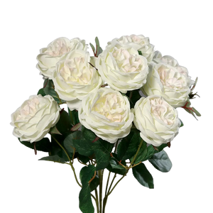 Hochwertige Hortensie künstlich auf transparentem Hintergrund mit echt wirkenden Kunstblättern in natürlicher Anordnung. Rosenstrauß mit 10 Blütenköpfen - Athina hat die Farbe cream und ist 45 cm hoch. | aplanta Kunstpflanzen