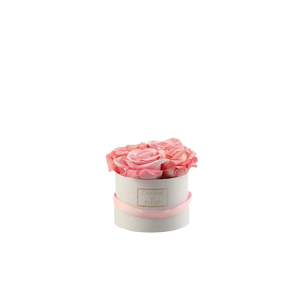 Hochwertige Hortensie künstlich auf transparentem Hintergrund mit echt wirkenden Kunstblättern in natürlicher Anordnung. Künstliche Rosen Geschenkbox - Charme de Fleur hat die Farbe pink-rosa und ist 12 cm hoch. | aplanta Kunstpflanzen